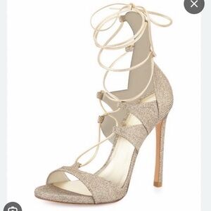 Stuart Weitzman Leg Wrap Lace Up Sandals Gold Stiletto High Heels size 8